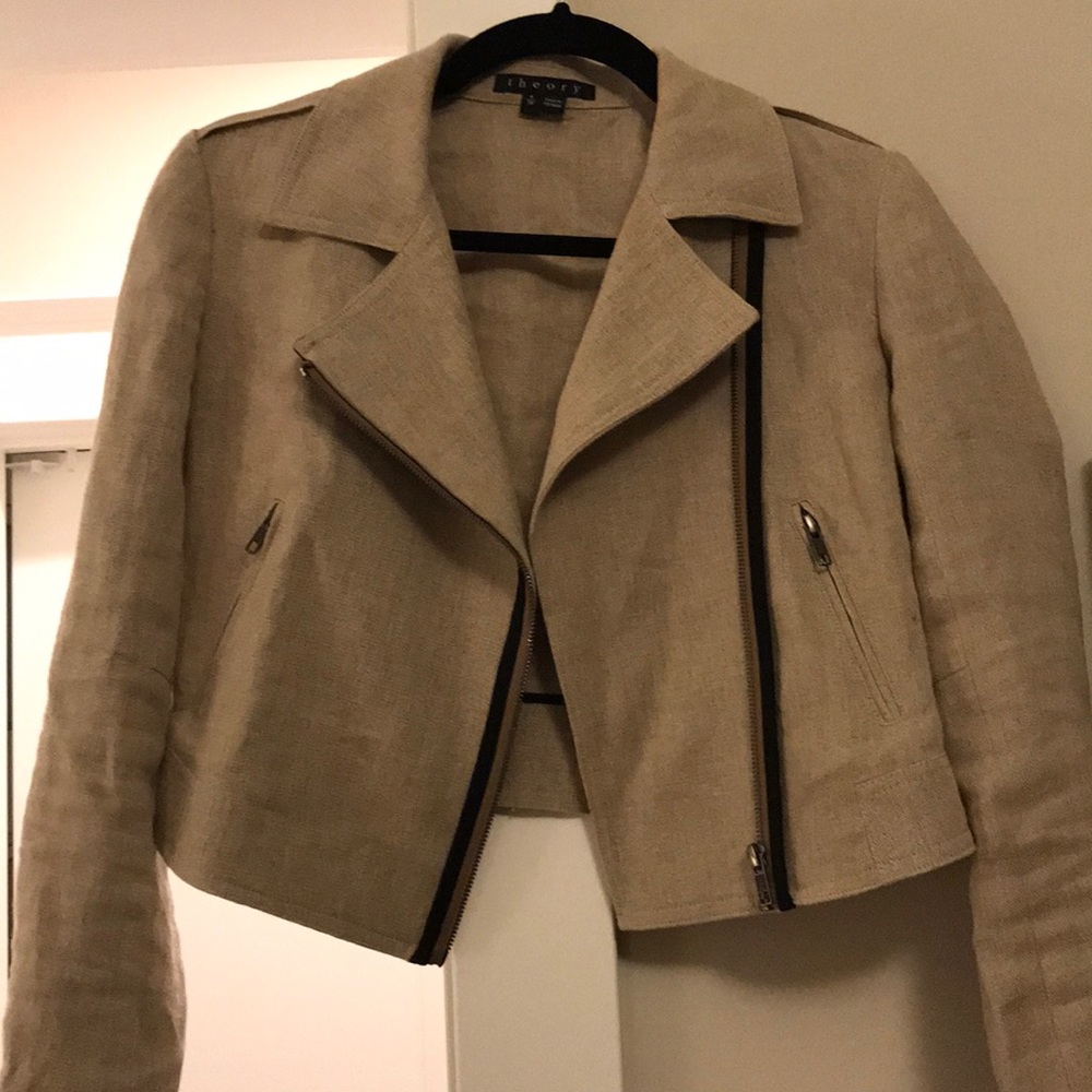 Theory cropped linen motorcycle jacket